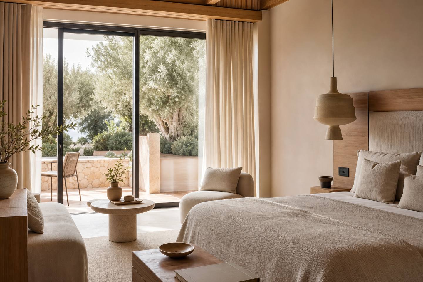 KI-generiertes redaktionelles Stimmungsbild eines mediterranen Hotelzimmers für den Hotelcheck des PINOS PLAYA in Cala Santanyí