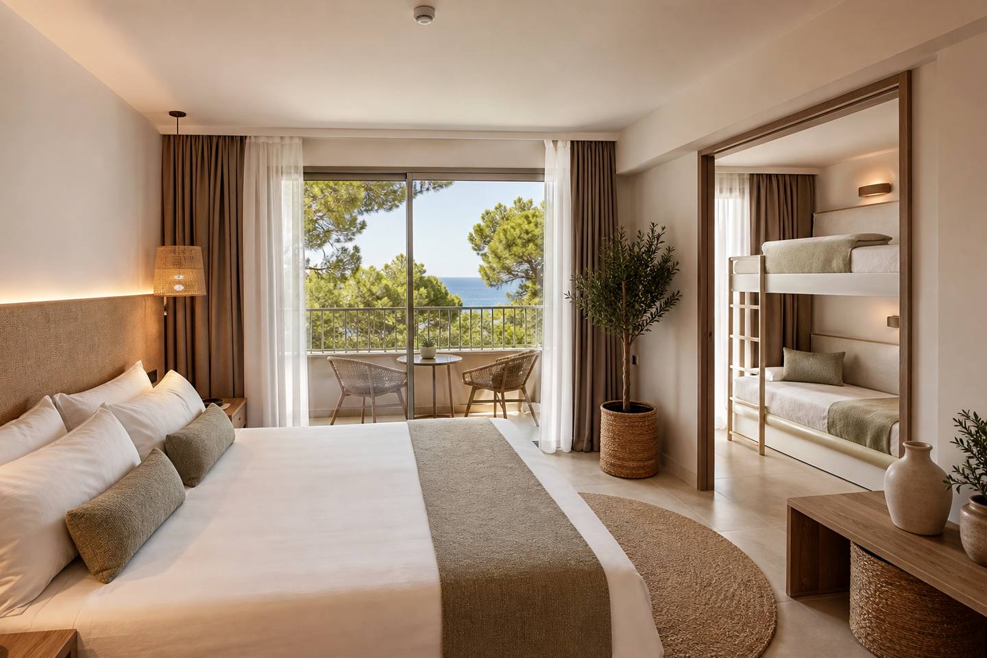 KI-generiertes redaktionelles Stimmungsbild eines mediterranen Hotelzimmers für den Hotelcheck des PIRATES VILLAGE in Santa Ponça