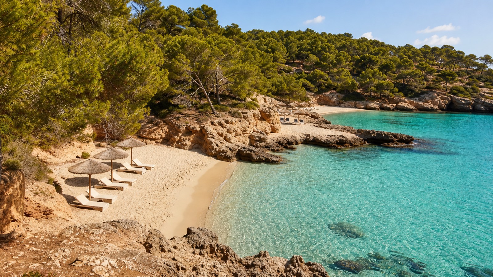 KI-generiertes Stimmungsbild von Platja del Mago mit kleiner Sandbucht, türkisfarbenem Wasser, Kalkfelsen und Pinien