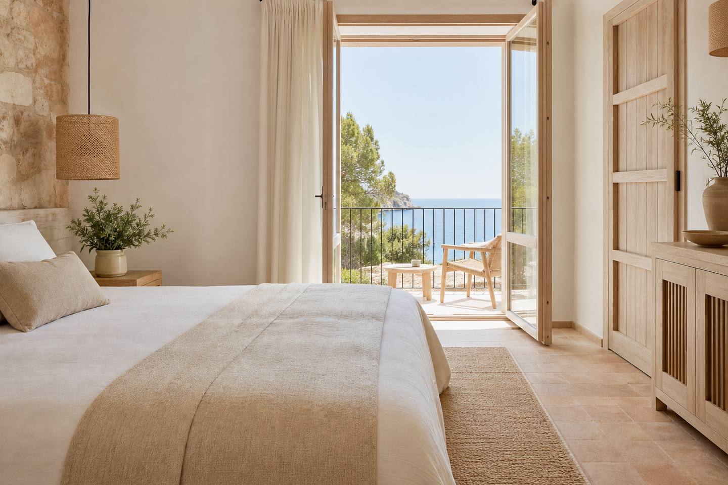 KI-generiertes redaktionelles Stimmungsbild eines mediterranen Hotelzimmers für den Hotelcheck des PLATJA D´OR in Port D´Alcúdia