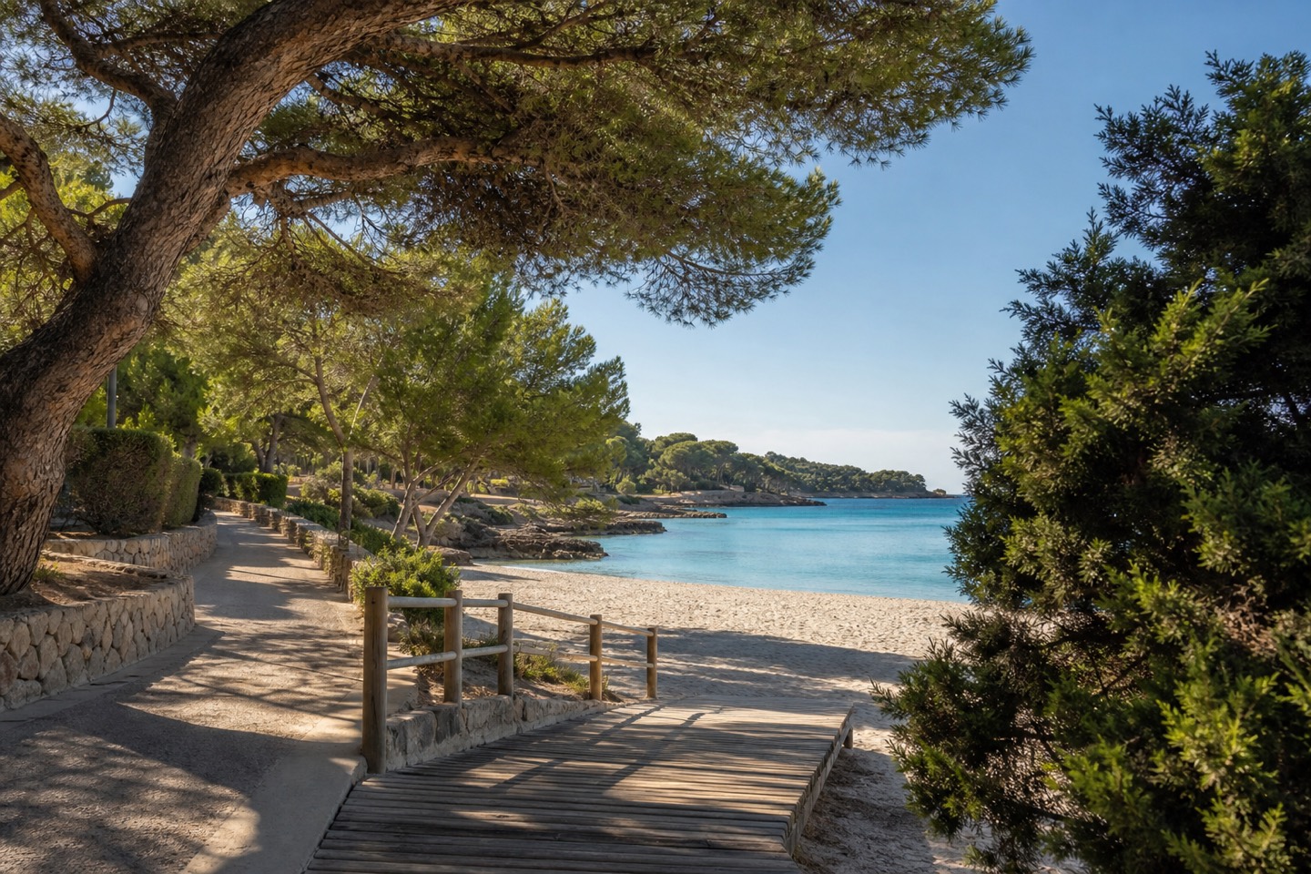 KI-generiertes Stimmungsbild eines schattigen Promenaden- und Laufstegzugangs zur Platja de la Romana