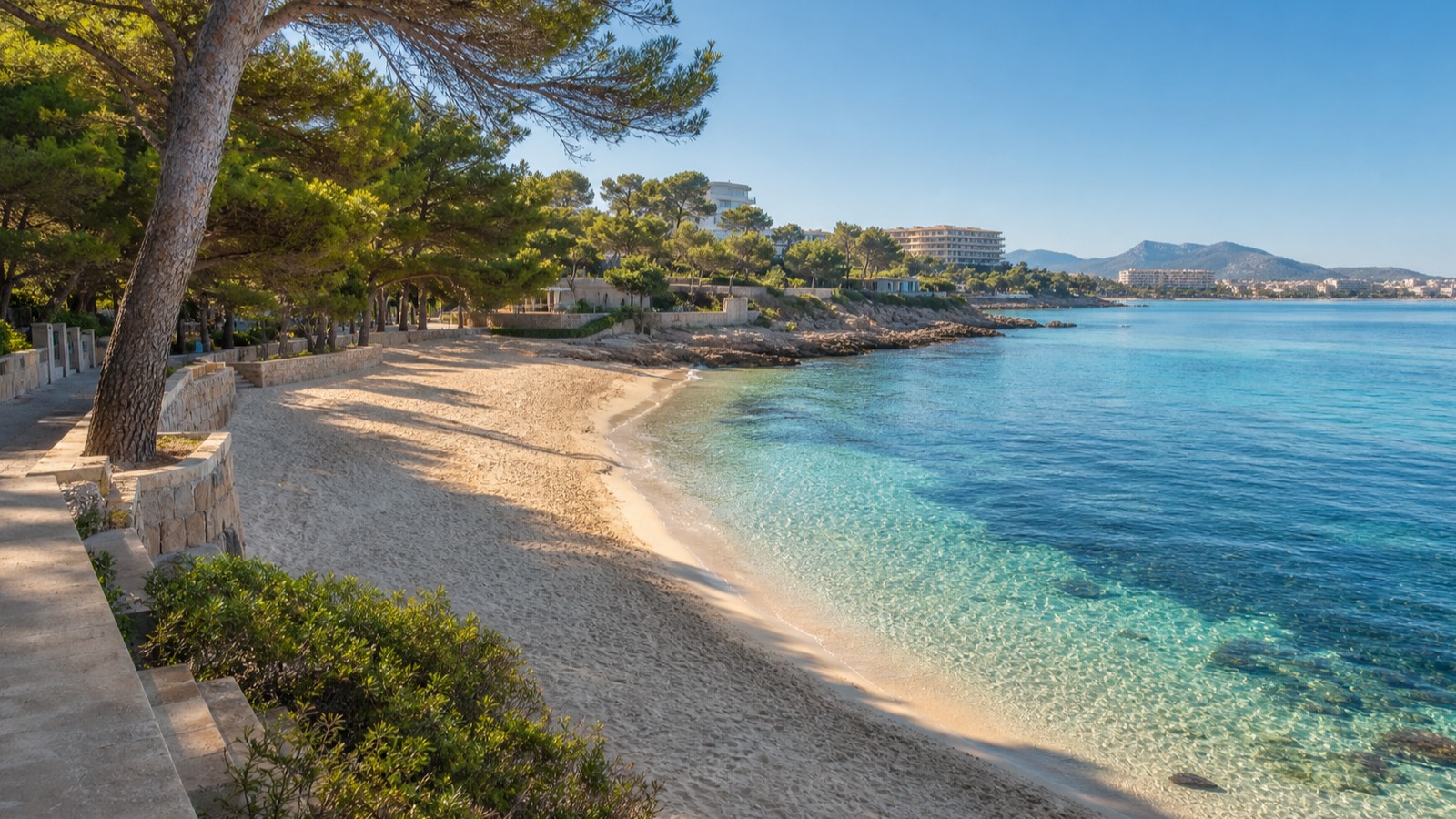 KI-generiertes Stimmungsbild der Platja de la Romana mit feinem Sand, ruhigem Wasser, Promenade und Pinien