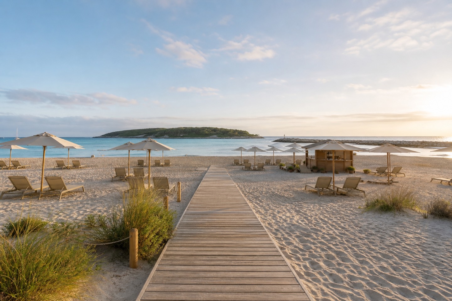 KI-generiertes Stimmungsbild eines Holzstegs mit Liegen, Sonnenschirmen und kleinem Strandkiosk an der Platja de l’Oratori