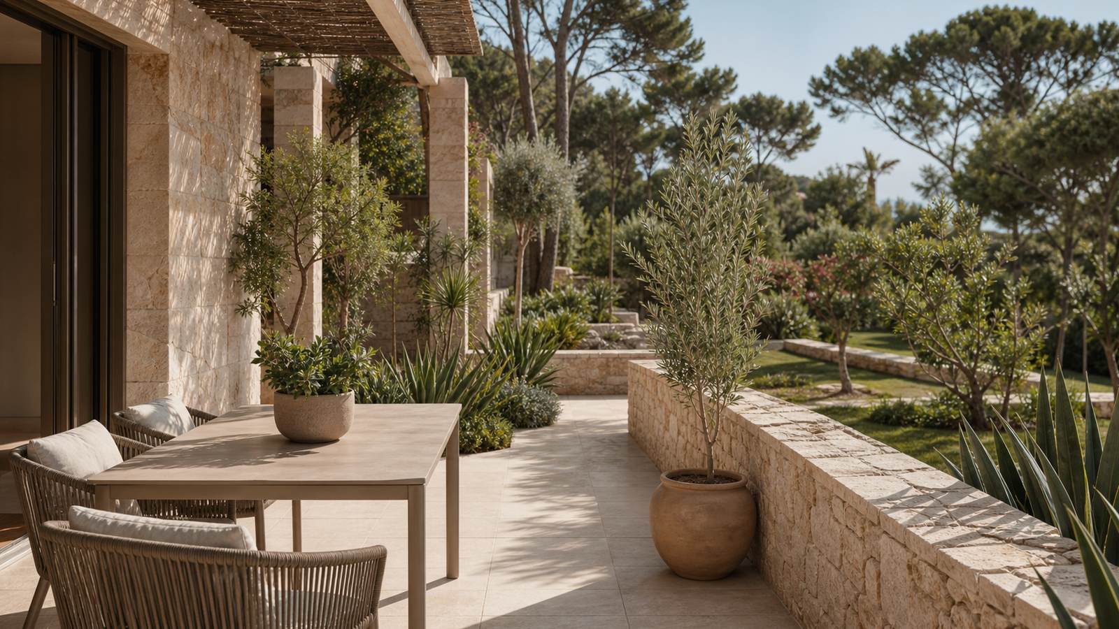 KI-generiertes Mallorca-Stimmungsbild eines mediterranen Hotel-Außenbereichs für den Hotelcheck des PLAYA ESPERANZA RESORT in Platja De Muro