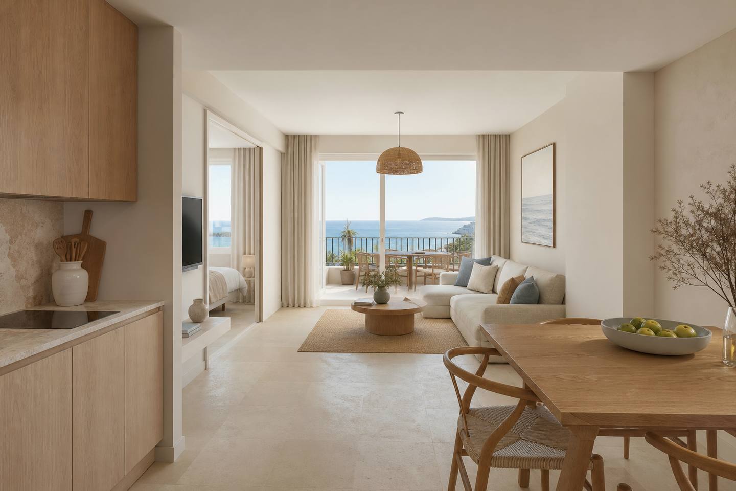 KI-generiertes redaktionelles Stimmungsbild eines mediterranen Hotelzimmers für den Hotelcheck des PLAYA ESPERANZA RESORT in Platja De Muro