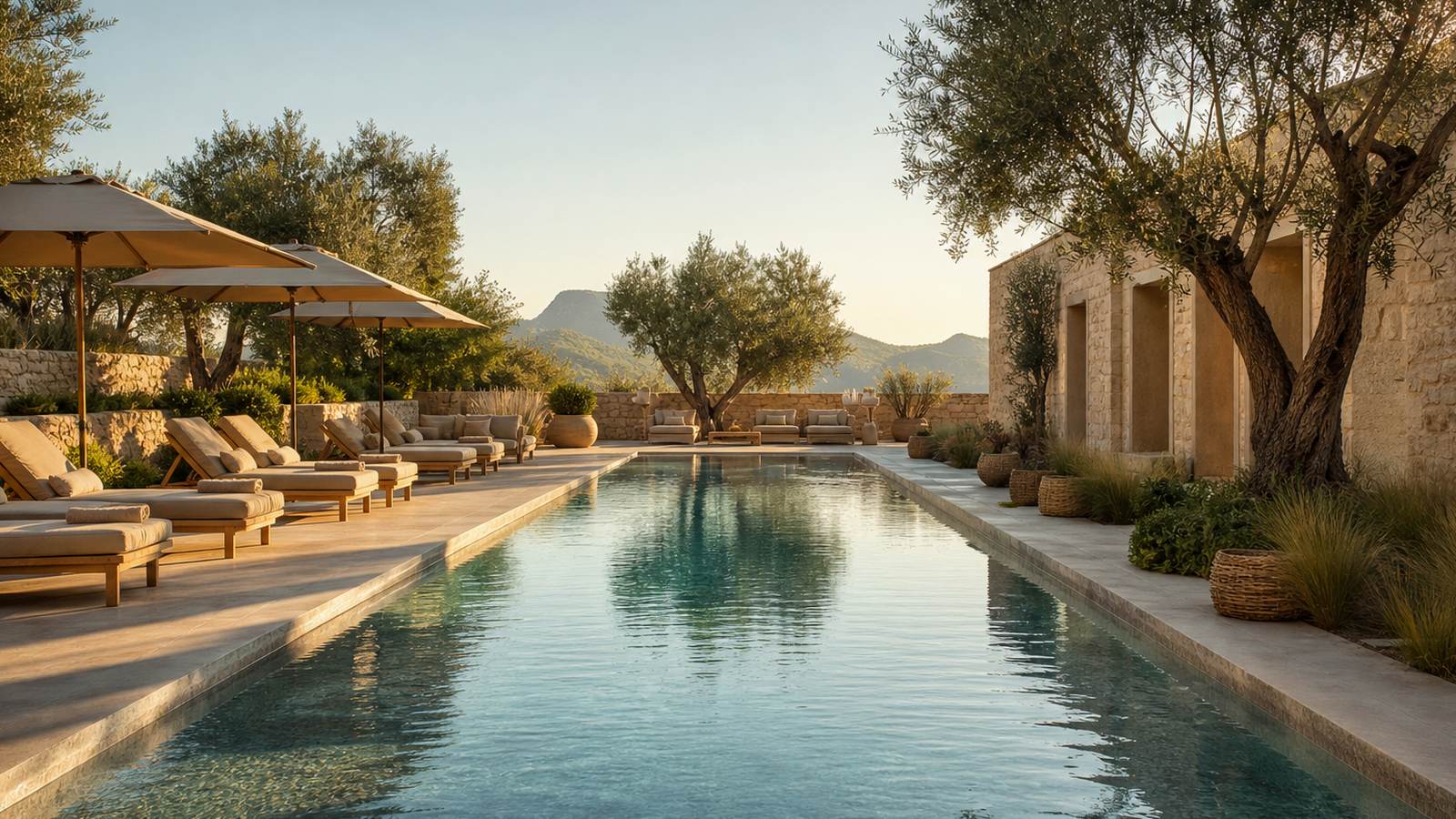 KI-generiertes Mallorca-Stimmungsbild eines mediterranen Hotel-Außenbereichs für den Hotelcheck des PLAYA FERRERA in Cala Ferrera