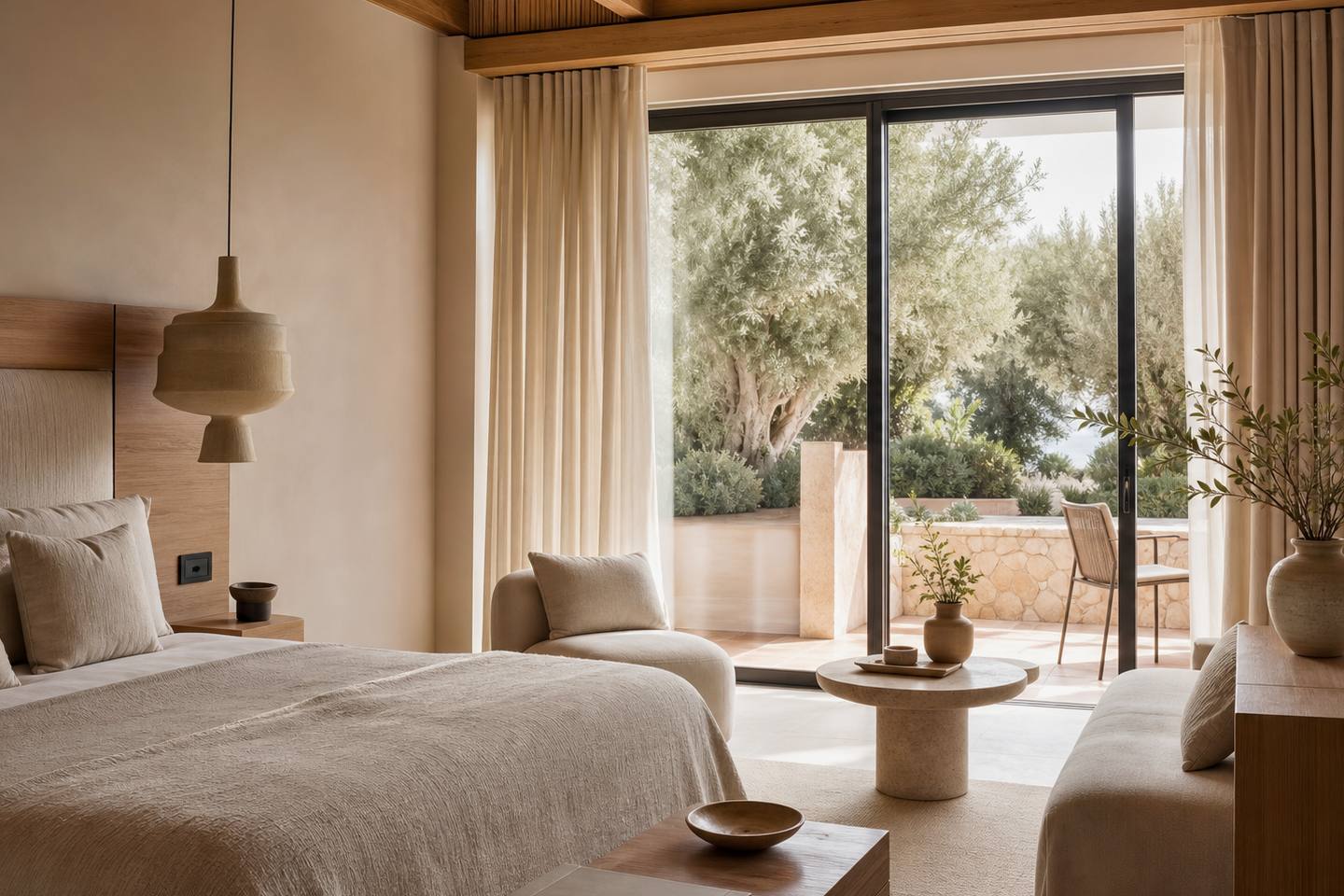 KI-generiertes redaktionelles Stimmungsbild eines mediterranen Hotelzimmers für den Hotelcheck des PLAYA FERRERA in Cala Ferrera