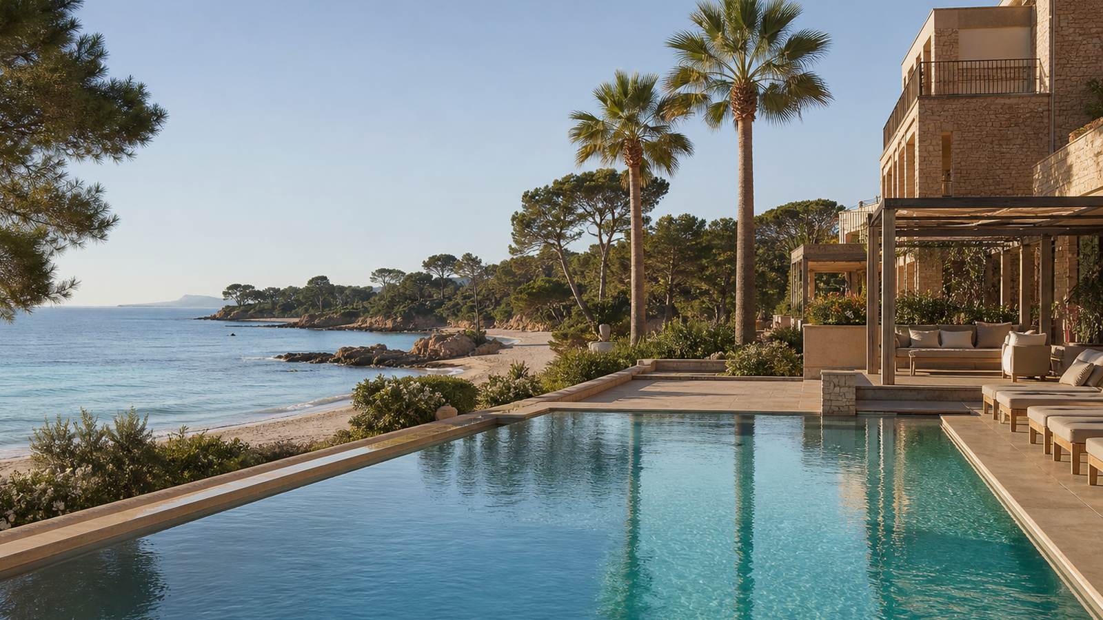 KI-generiertes Mallorca-Stimmungsbild eines mediterranen Hotel-Außenbereichs für den Hotelcheck des PLAYA GOLF in Platja De Palma