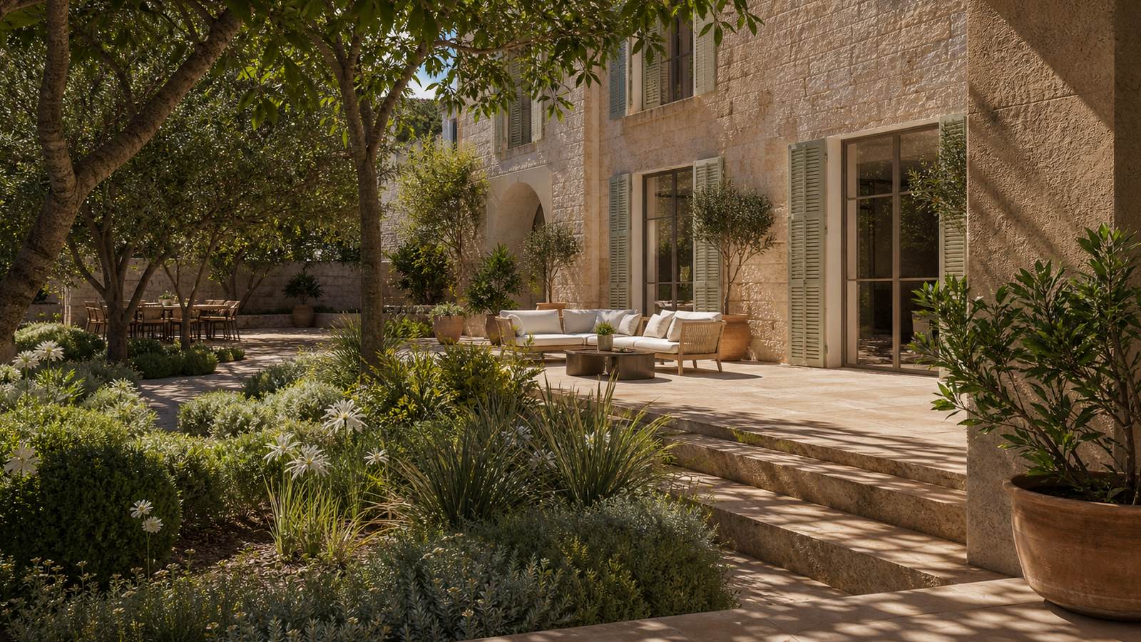 KI-generiertes Mallorca-Stimmungsbild eines mediterranen Hotel-Außenbereichs für den Hotelcheck des PLETA DE MAR in Capdepera
