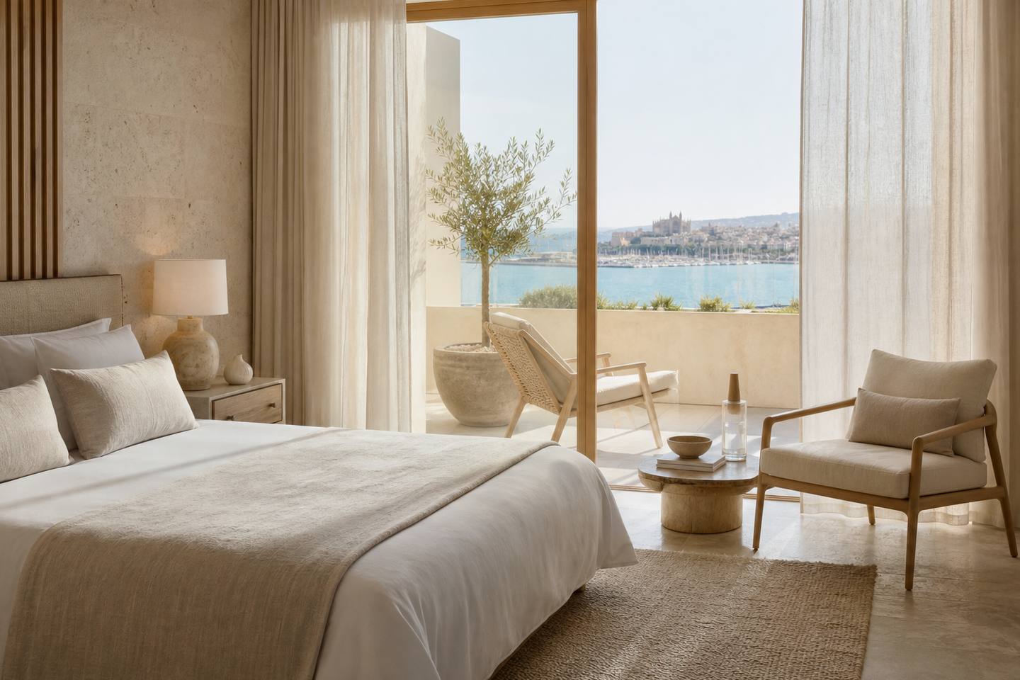 KI-generiertes redaktionelles Stimmungsbild eines mediterranen Hotelzimmers für den Hotelcheck des PLETA DE MAR in Capdepera