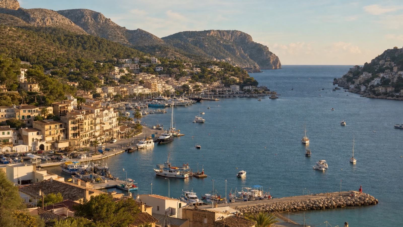 KI-generiertes Stimmungsbild des Naturhafens Port d’Andratx mit Promenade, Fischerbooten und Segelbooten