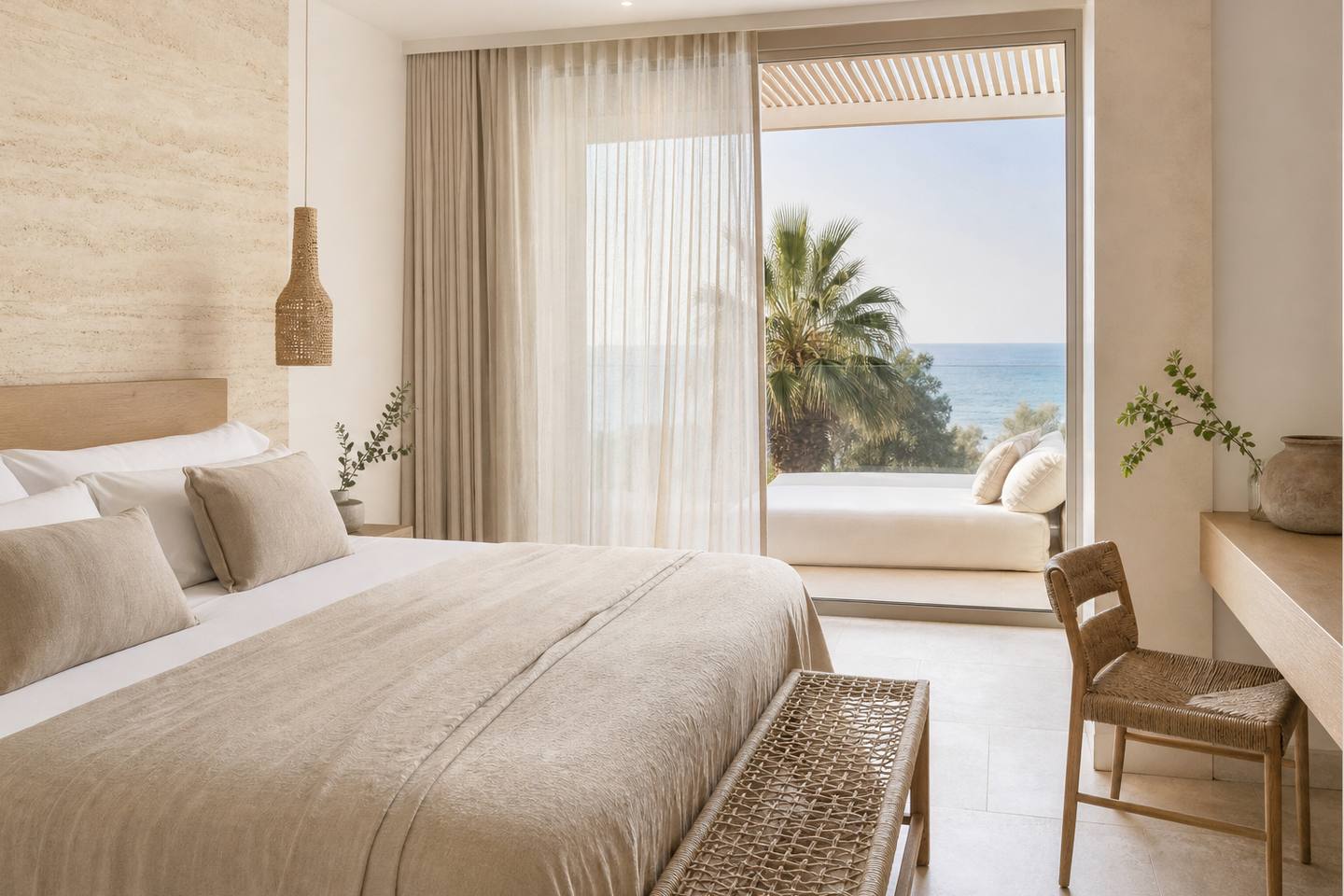 KI-generiertes redaktionelles Stimmungsbild eines mediterranen Hotelzimmers für den Hotelcheck des PORT CARI in Cala D´Or