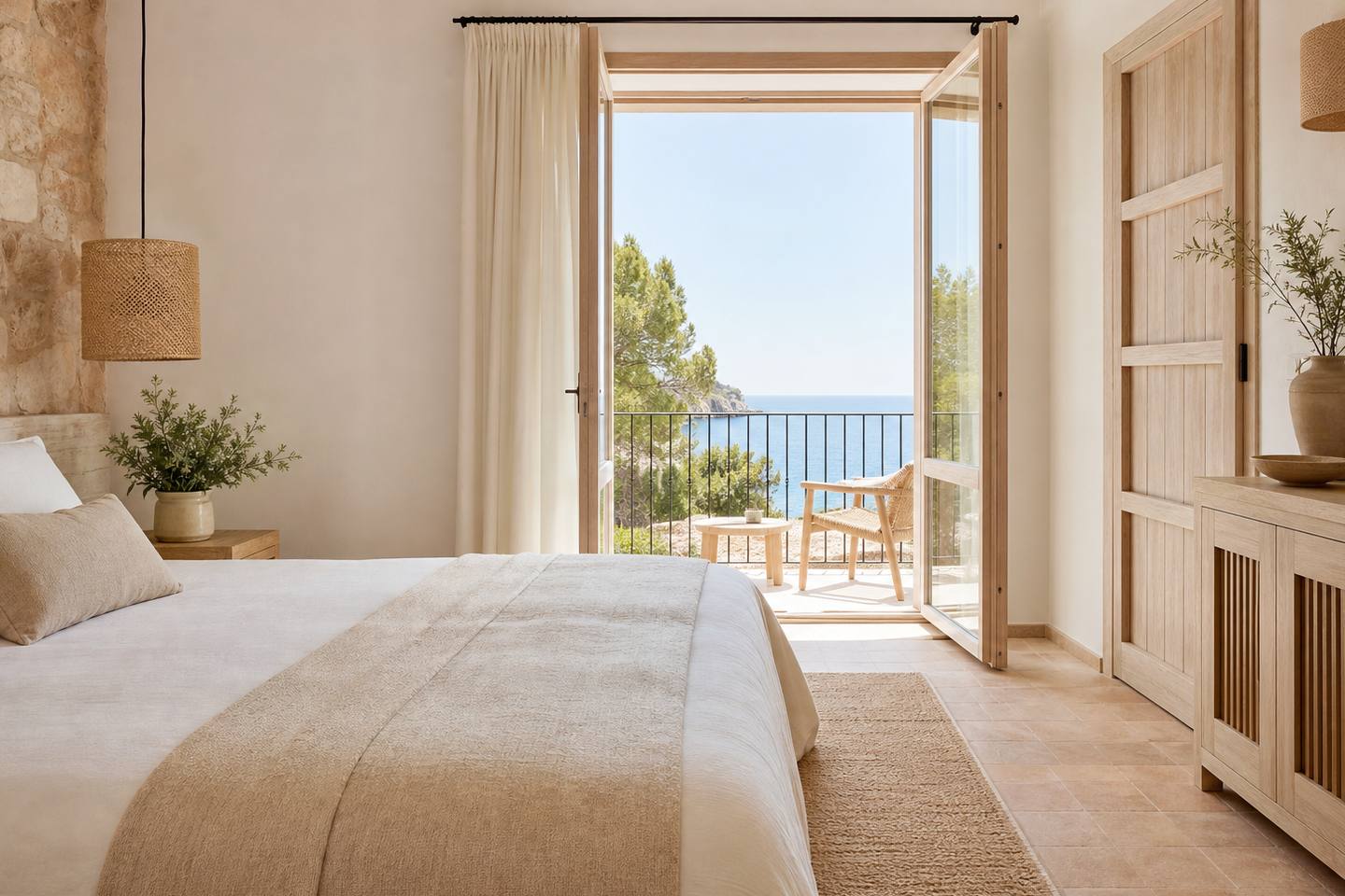 KI-generiertes redaktionelles Stimmungsbild eines mediterranen Hotelzimmers für den Hotelcheck des PORT D´ALCUDIA in Port D´Alcúdia