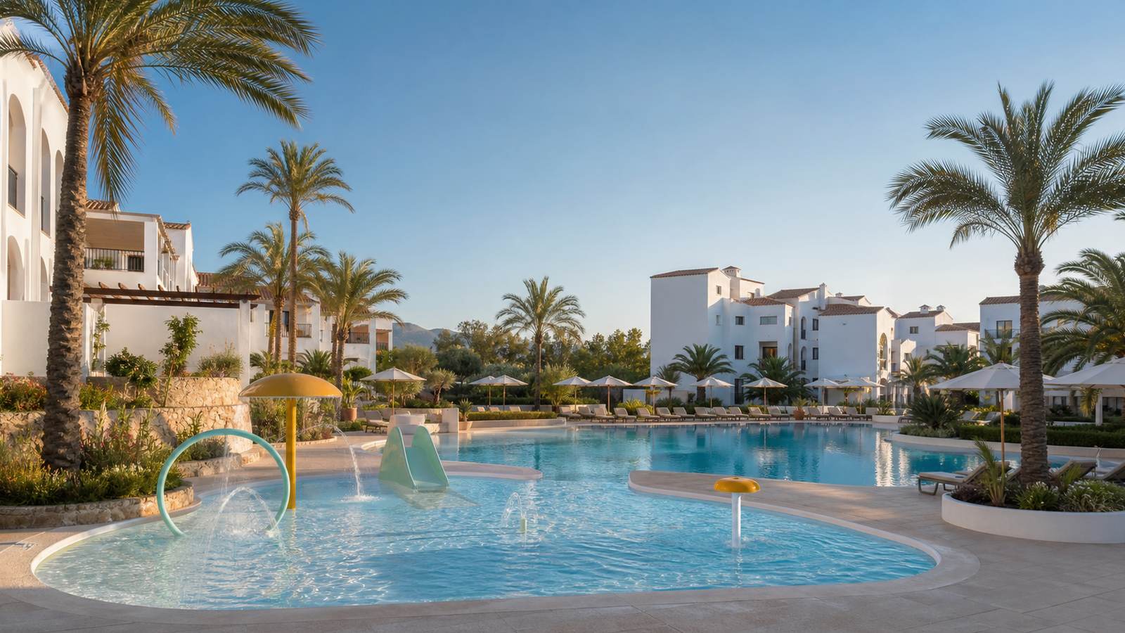 KI-generiertes Mallorca-Stimmungsbild eines mediterranen Hotel-Außenbereichs für den Hotelcheck des PORTO SUN in Portocolom