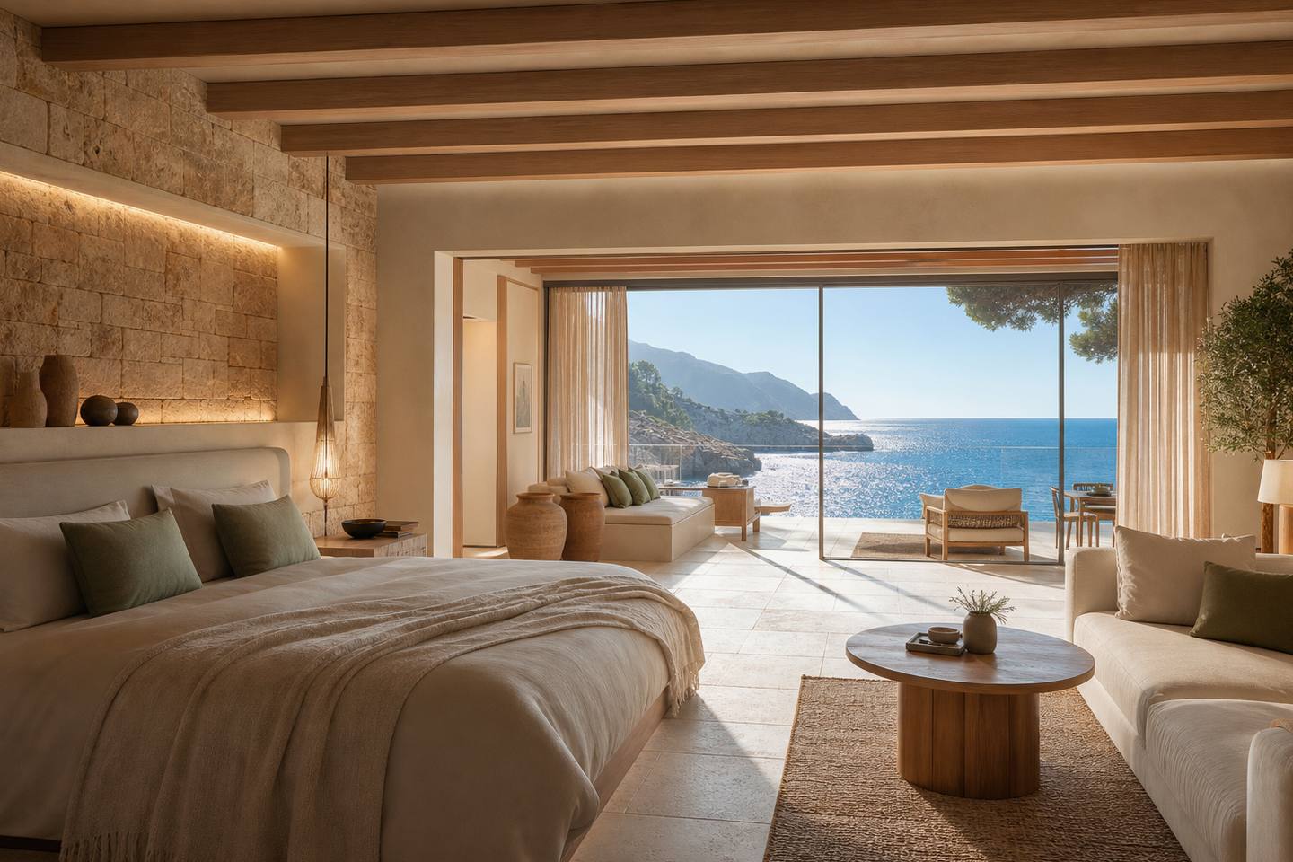 KI-generiertes redaktionelles Stimmungsbild eines mediterranen Hotelzimmers für den Hotelcheck des Portomar apartments in Portocolom