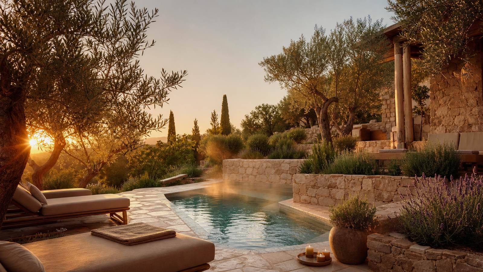 KI-generiertes Mallorca-Stimmungsbild eines mediterranen Hotel-Außenbereichs für den Hotelcheck des POSADA DEL MARQUES in Esporles