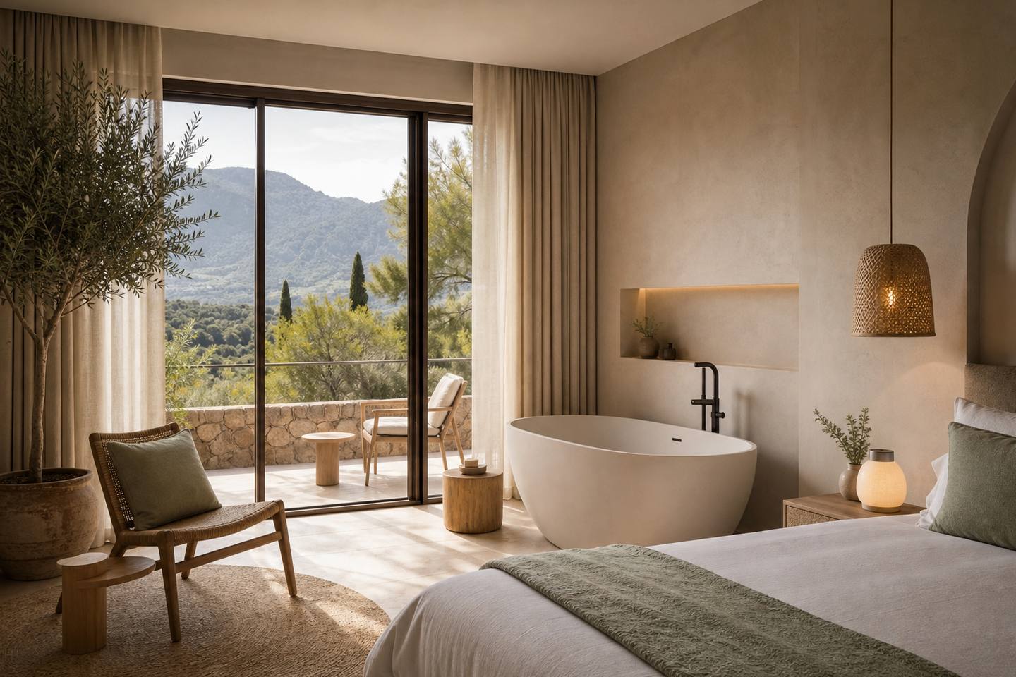 KI-generiertes redaktionelles Stimmungsbild eines mediterranen Hotelzimmers für den Hotelcheck des POSADA DEL MARQUES in Esporles