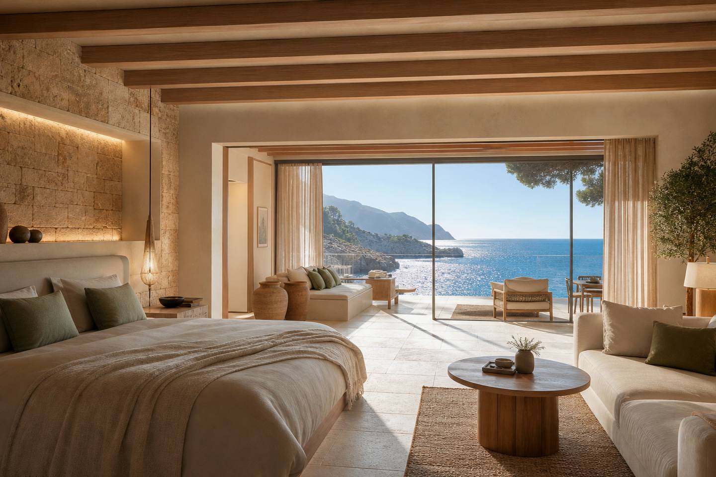 KI-generiertes redaktionelles Stimmungsbild eines mediterranen Hotelzimmers für den Hotelcheck des PROTUR BIOMAR GRAN HOTEL Y SPA in Coma (La)