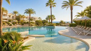 KI-generiertes Stimmungsbild einer Familienpoolanlage nahe dem Strand von Sa Coma für den Protur Palmeras Playa Hotel Hotelcheck