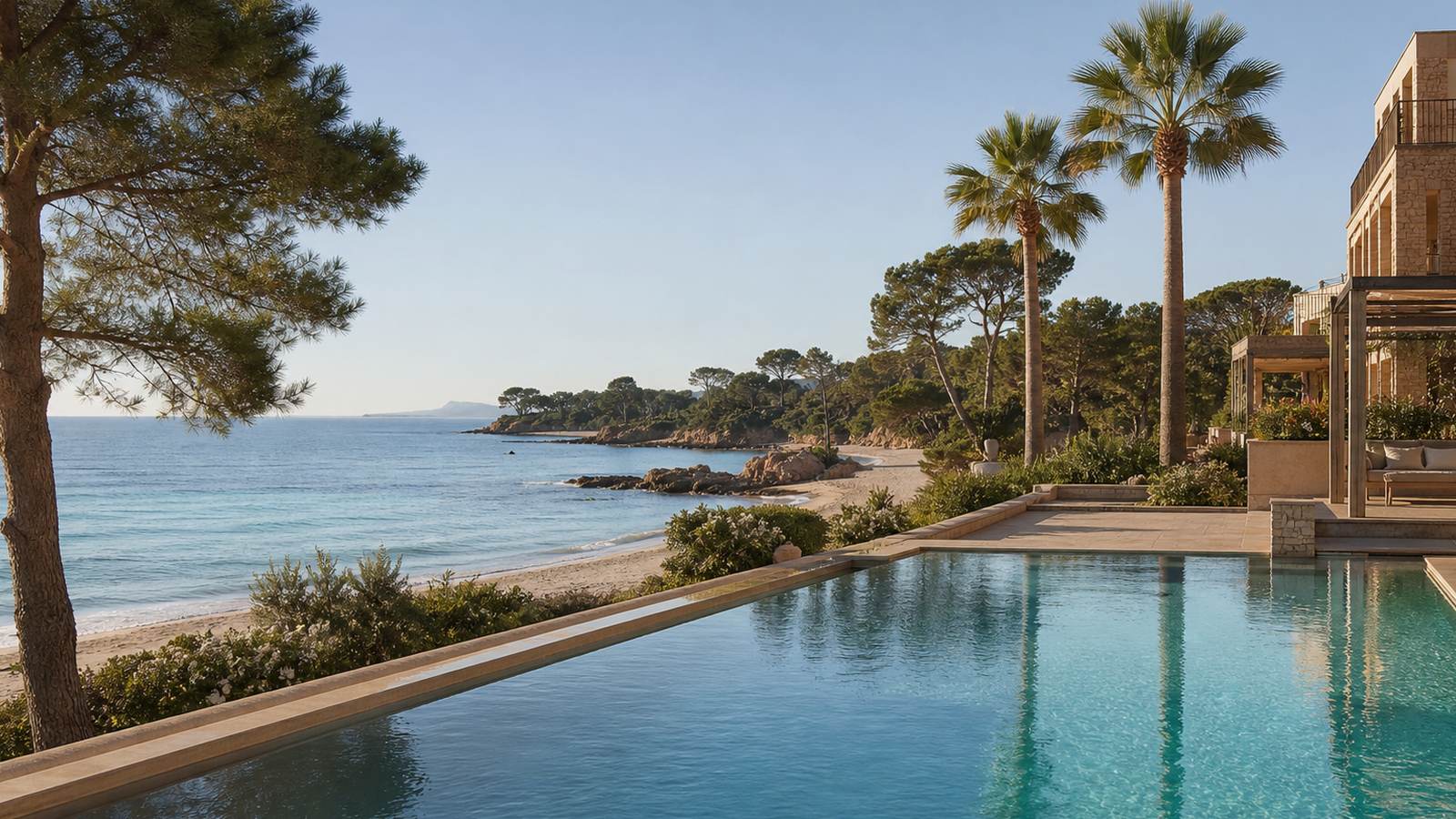 KI-generiertes Mallorca-Stimmungsbild eines mediterranen Hotel-Außenbereichs für den Hotelcheck des PROTUR PLAYA CALA MILLOR HOTEL in Cala Millor