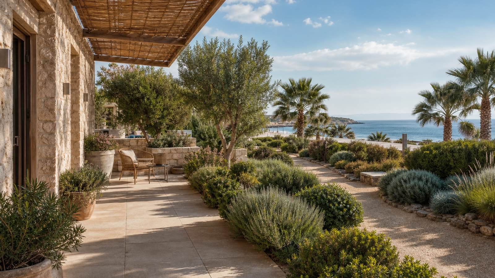 KI-generiertes Mallorca-Stimmungsbild eines mediterranen Hotel-Außenbereichs für den Hotelcheck des PUERTO DEL SOL in Cala D´Or