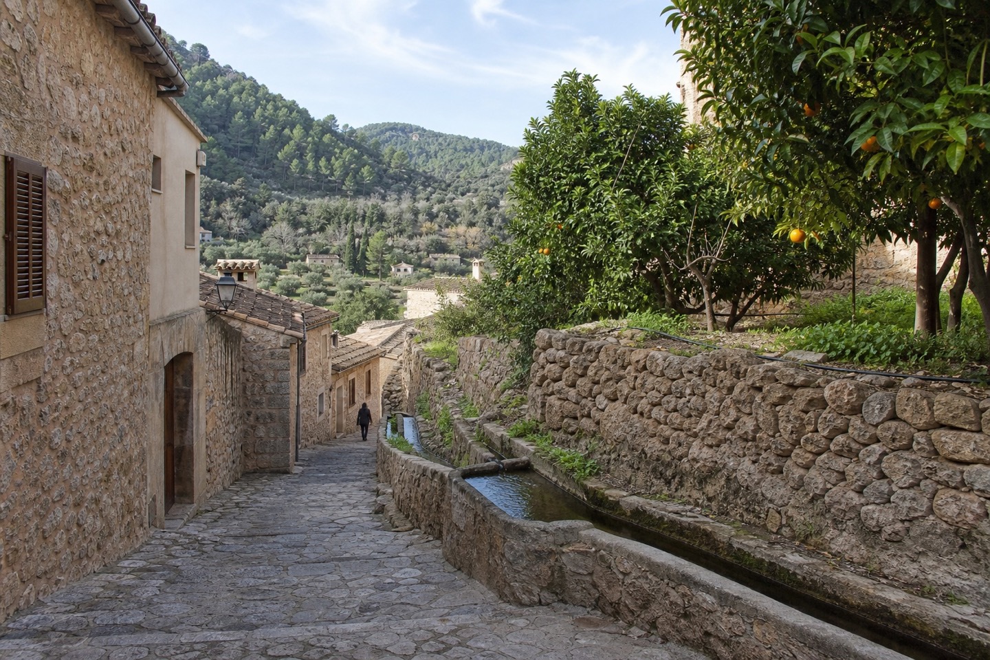 KI-generiertes Stimmungsbild eines gepflasterten Dorfwegs in Puigpunyent mit Orangenbäumen und traditioneller Wasserführung
