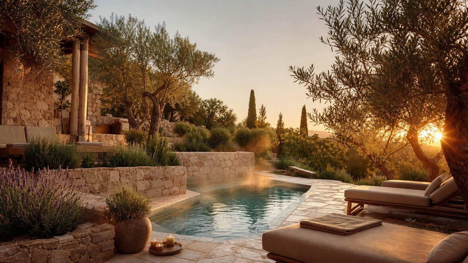 KI-generiertes Mallorca-Stimmungsbild eines mediterranen Hotel-Außenbereichs für den Hotelcheck des PULA GOLF RESORT in Son Servera