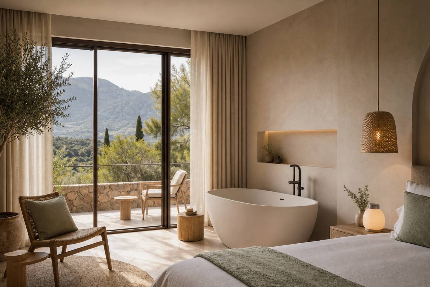 KI-generiertes redaktionelles Stimmungsbild eines mediterranen Hotelzimmers für den Hotelcheck des PULA GOLF RESORT in Son Servera