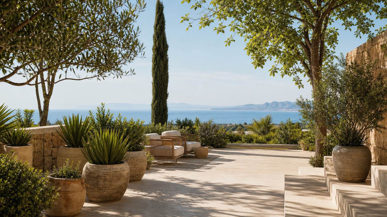 KI-generiertes Mallorca-Stimmungsbild eines mediterranen Hotel-Außenbereichs für den Hotelcheck des Puro Grand Hotel in Palma