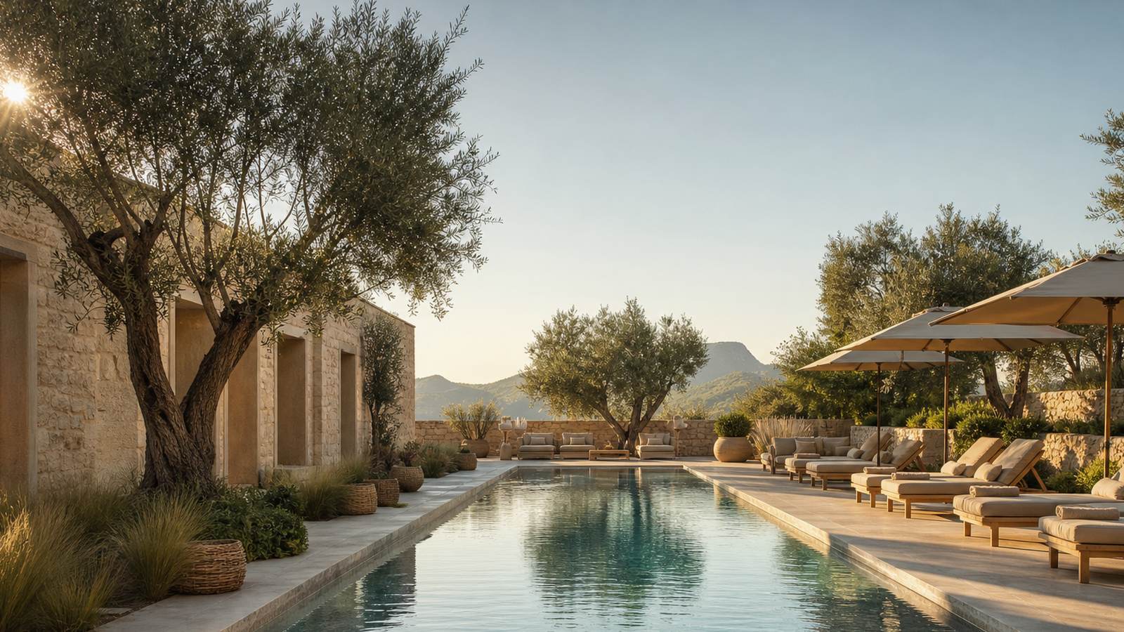 KI-generiertes Mallorca-Stimmungsbild eines mediterranen Hotel-Außenbereichs für den Hotelcheck des PURO HOUSE in Palma