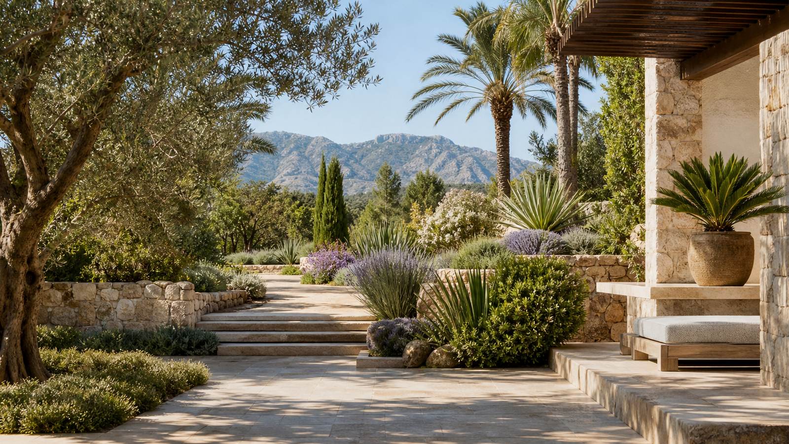 KI-generiertes Mallorca-Stimmungsbild eines mediterranen Hotel-Außenbereichs für den Hotelcheck des Purobeach Resort Santa Ponsa Oasis del Mar in Santa Ponça