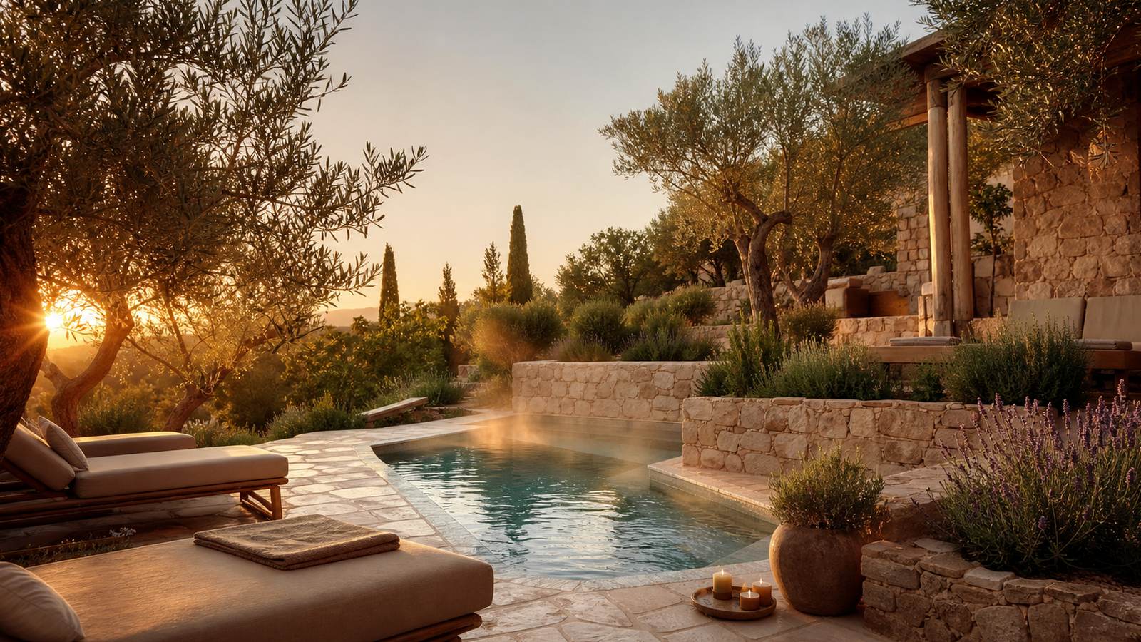 KI-generiertes Mallorca-Stimmungsbild eines mediterranen Hotel-Außenbereichs für den Hotelcheck des REI DEL MEDITERRANI in Platja De Muro