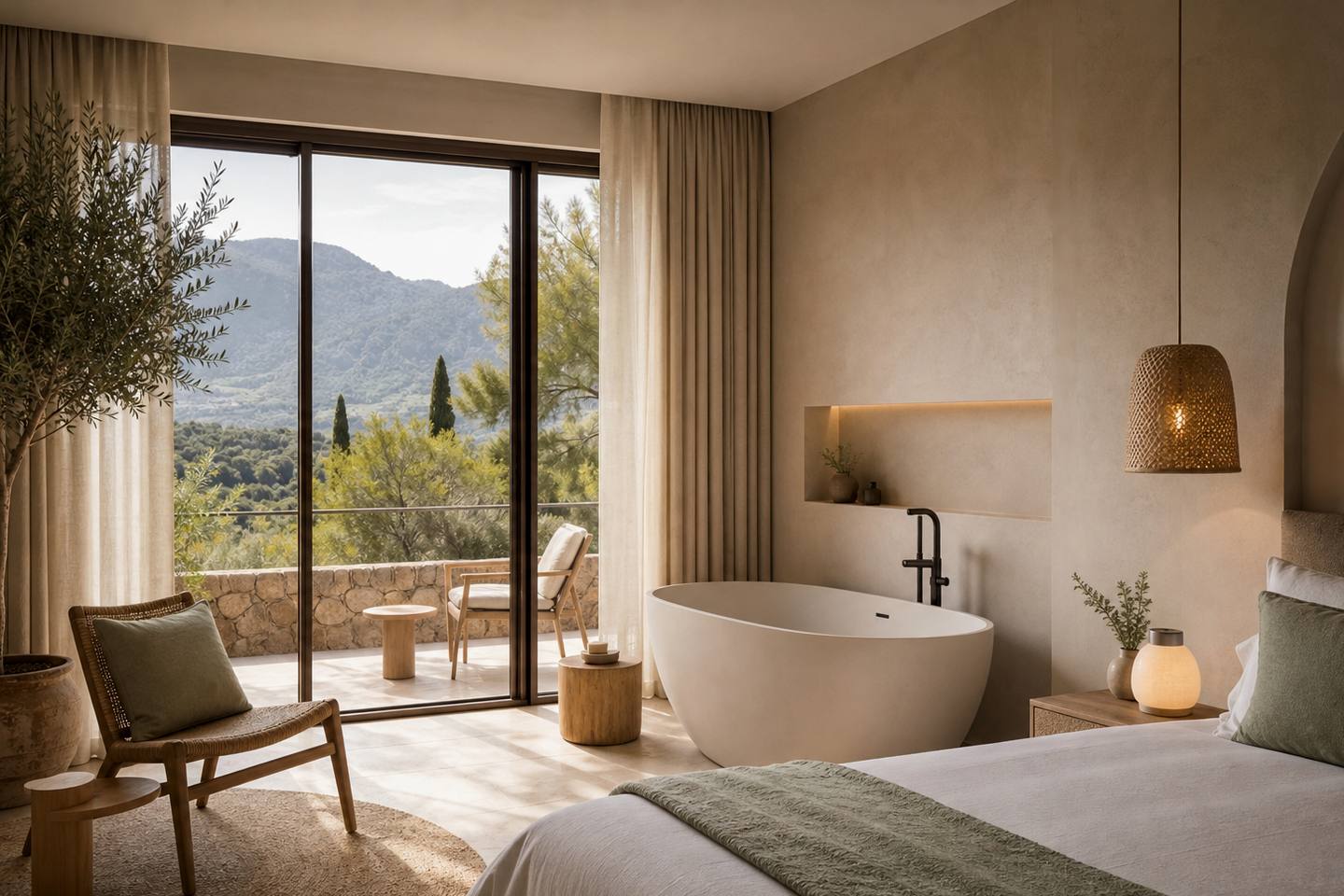 KI-generiertes redaktionelles Stimmungsbild eines mediterranen Hotelzimmers für den Hotelcheck des REI DEL MEDITERRANI in Platja De Muro