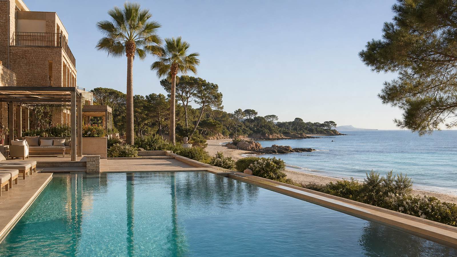 KI-generiertes Mallorca-Stimmungsbild eines mediterranen Hotel-Außenbereichs für den Hotelcheck des REINA DEL MAR in Arenal (L´)