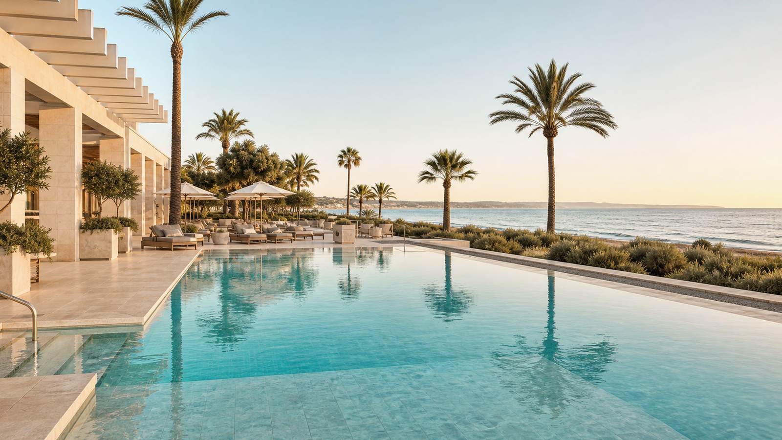KI-generiertes Mallorca-Stimmungsbild eines mediterranen Hotel-Außenbereichs für den Hotelcheck des RIU PLAYA PARK in Platja De Palma