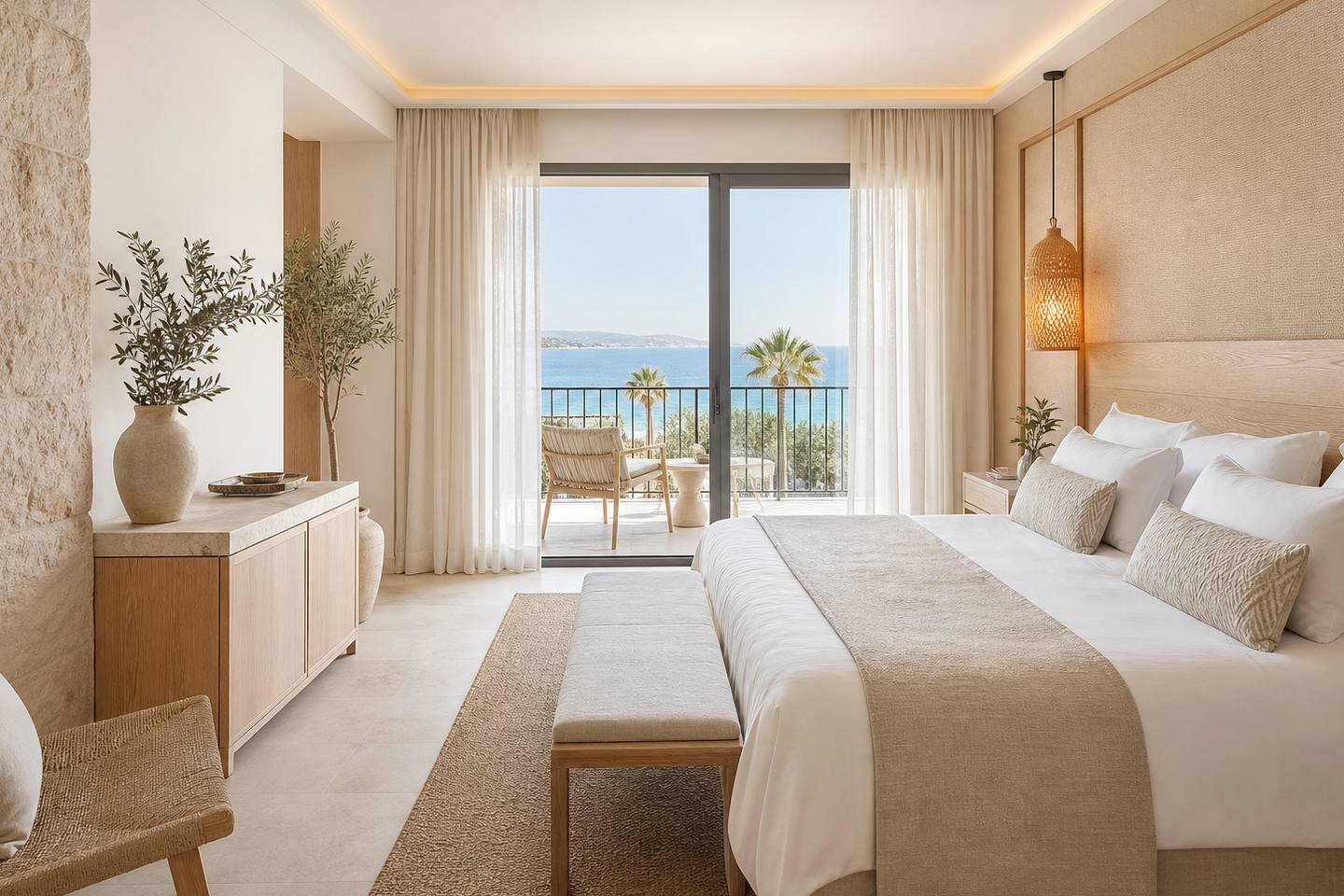 KI-generiertes redaktionelles Stimmungsbild eines mediterranen Hotelzimmers für den Hotelcheck des RIU PLAYA PARK in Platja De Palma