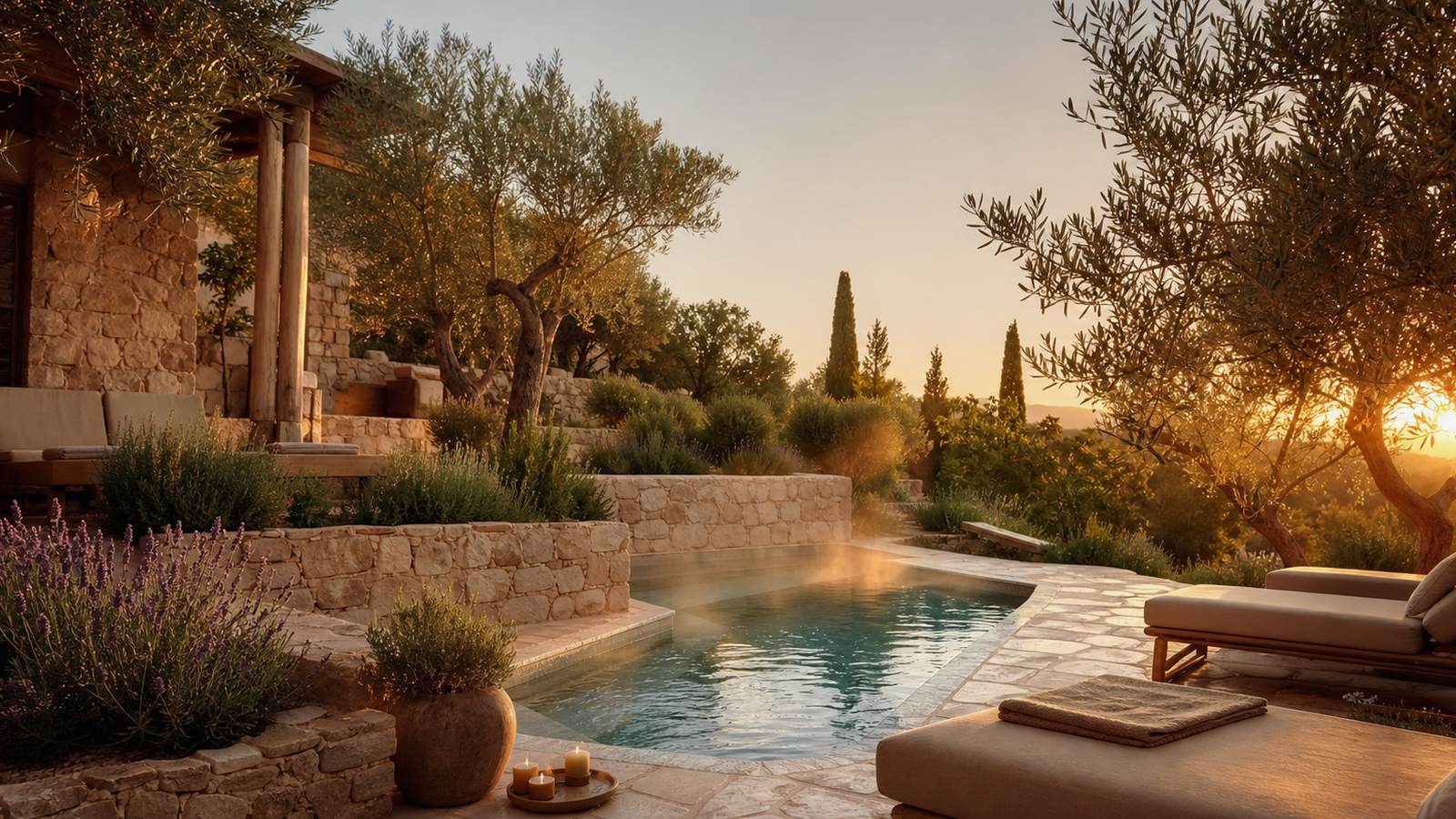 KI-generiertes Mallorca-Stimmungsbild eines mediterranen Hotel-Außenbereichs für den Hotelcheck des ROBINSON CLUB CALA SERENA in Cala Serena