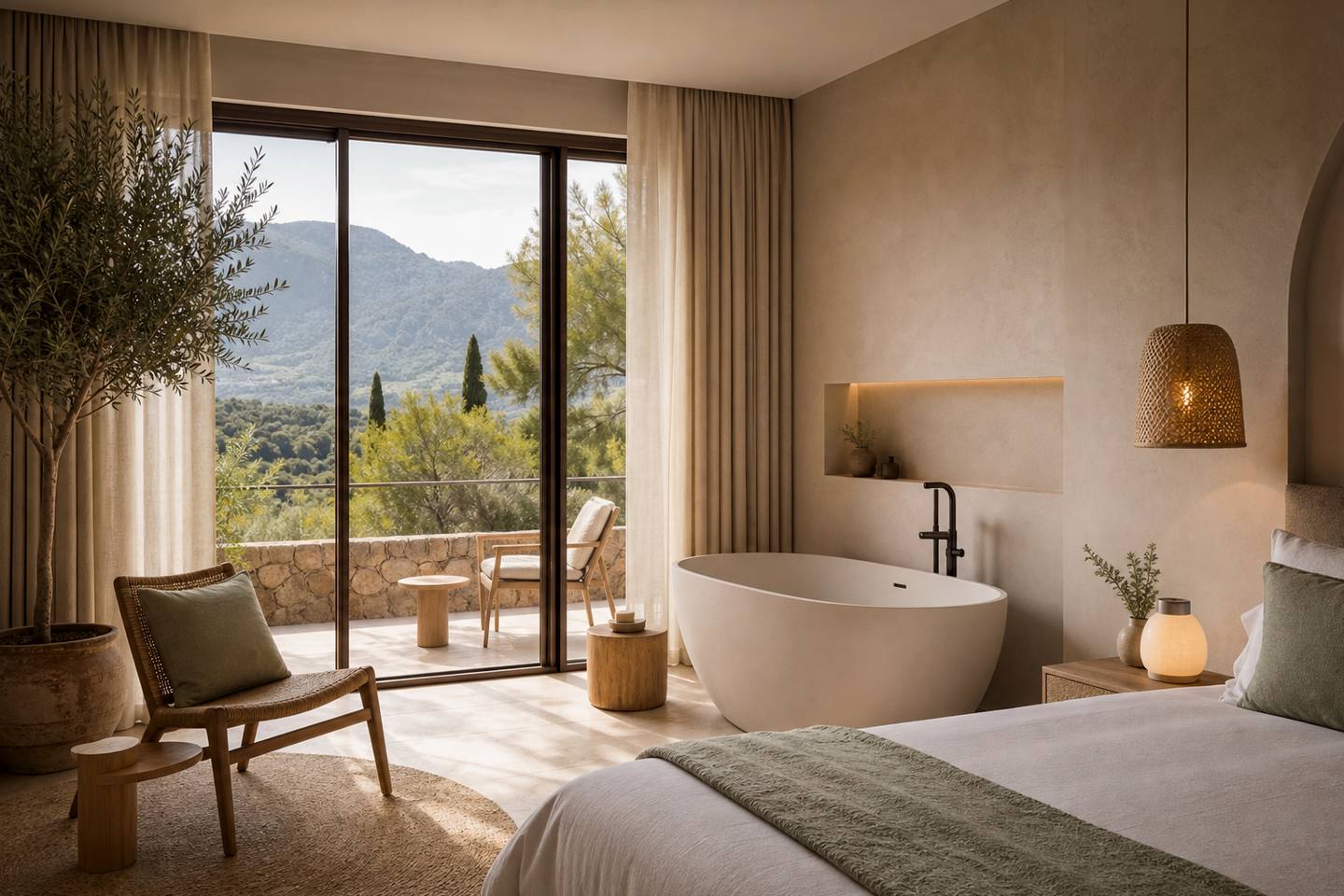 KI-generiertes redaktionelles Stimmungsbild eines mediterranen Hotelzimmers für den Hotelcheck des ROBINSON CLUB CALA SERENA in Cala Serena