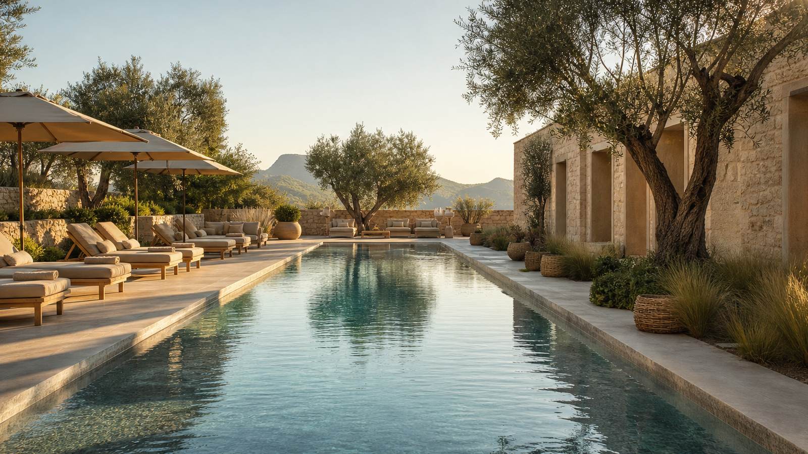 KI-generiertes Mallorca-Stimmungsbild eines mediterranen Hotel-Außenbereichs für den Hotelcheck des ROCADOR in Cala D´Or