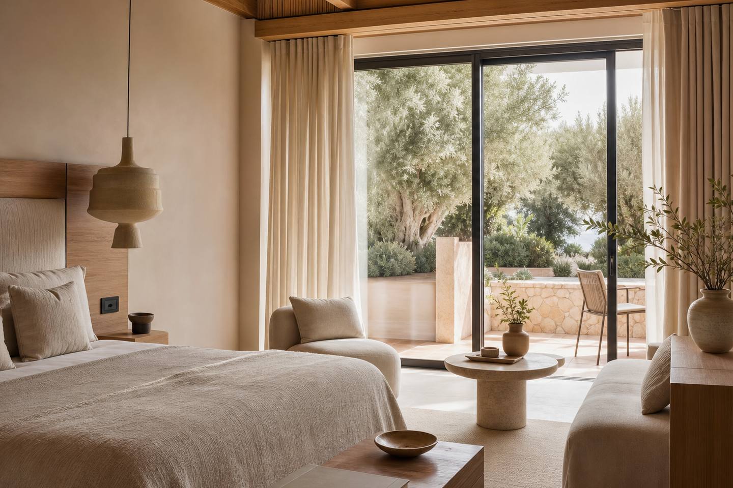 KI-generiertes redaktionelles Stimmungsbild eines mediterranen Hotelzimmers für den Hotelcheck des ROCADOR in Cala D´Or