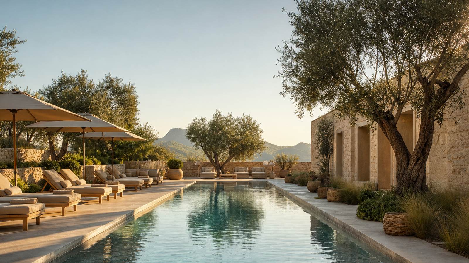KI-generiertes Mallorca-Stimmungsbild eines mediterranen Hotel-Außenbereichs für den Hotelcheck des ROCADOR PLAYA in Cala D´Or
