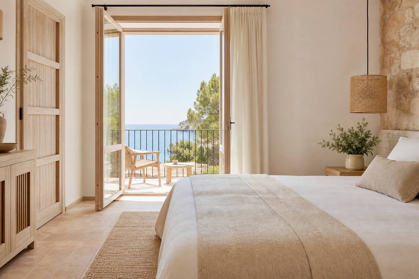 KI-generiertes redaktionelles Stimmungsbild eines mediterranen Hotelzimmers für den Hotelcheck des ROCAMARINA in Cala D´Or