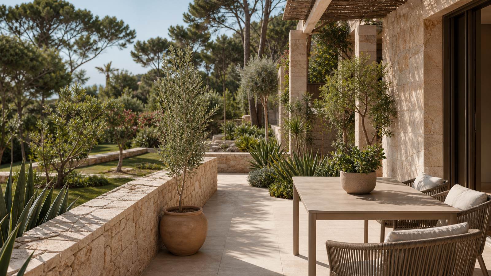 KI-generiertes Mallorca-Stimmungsbild eines mediterranen Hotel-Außenbereichs für den Hotelcheck des SA TANQUETA DE FORNALUTX in Fornalutx