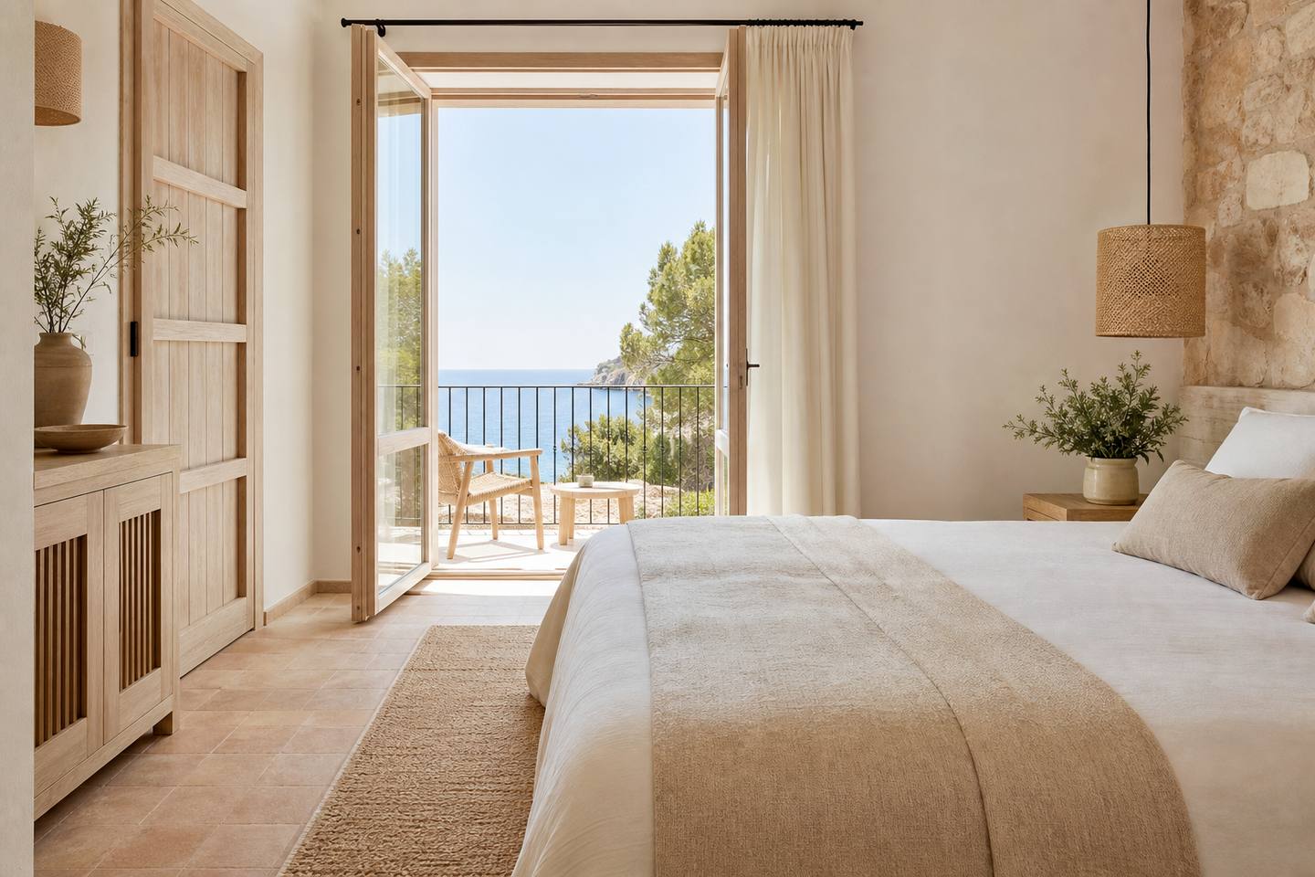 KI-generiertes redaktionelles Stimmungsbild eines mediterranen Hotelzimmers für den Hotelcheck des Salino Port in Port (El)
