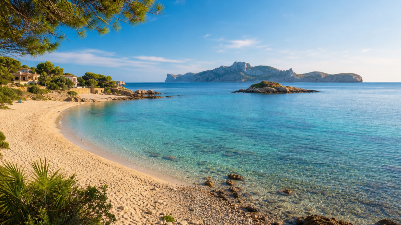 KI-generiertes Stimmungsbild des Strandes Sant Elm mit Sand- und Kiesbereich, klarem Wasser, Es Pantaleu und Sa Dragonera