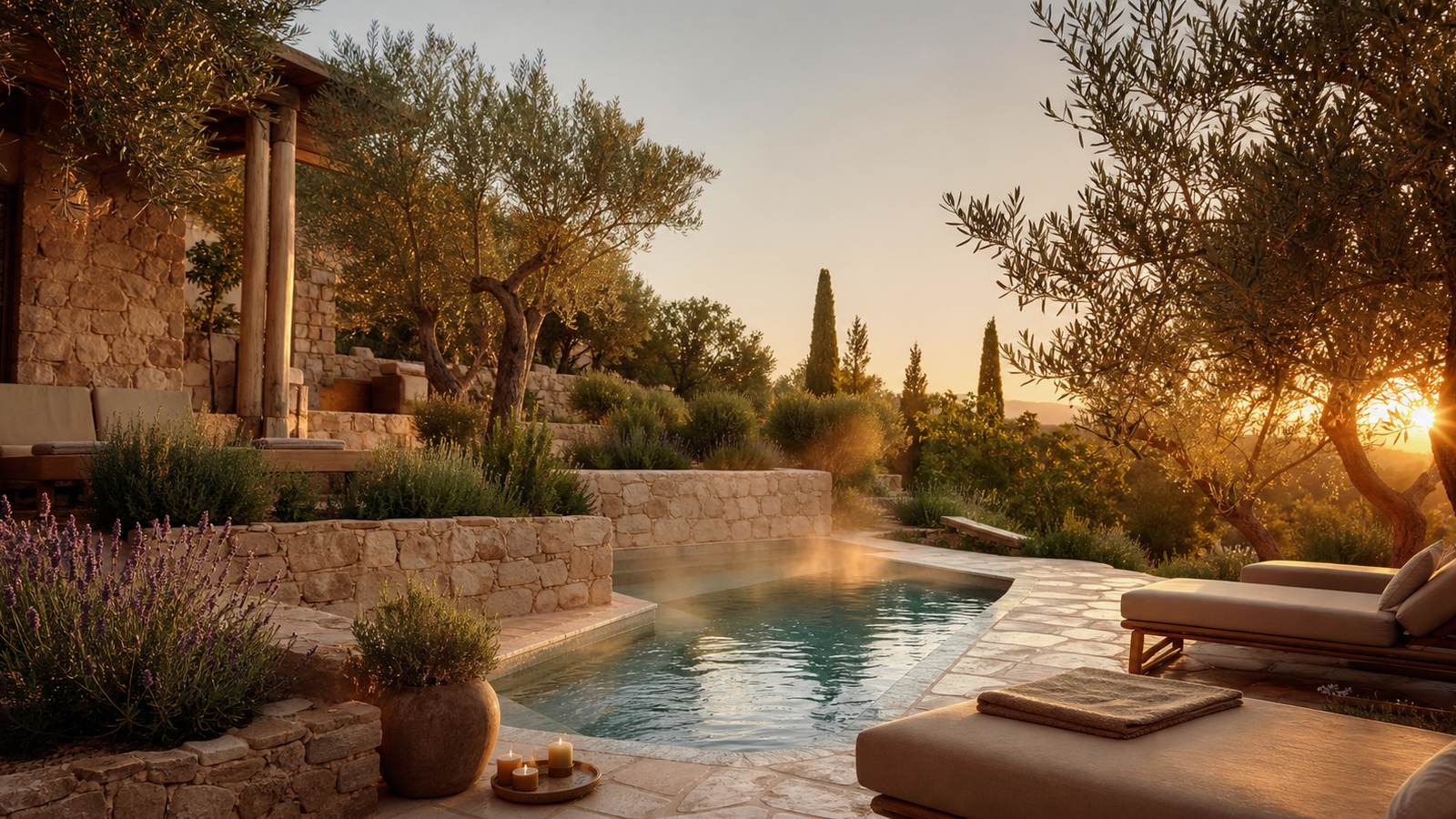 KI-generiertes Mallorca-Stimmungsbild eines mediterranen Hotel-Außenbereichs für den Hotelcheck des SANTA CLARA URBAN HOTEL & SPA in Palma