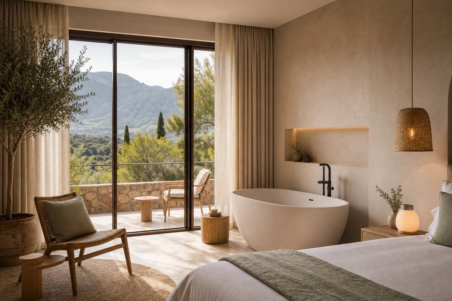 KI-generiertes redaktionelles Stimmungsbild eines mediterranen Hotelzimmers für den Hotelcheck des SANTA CLARA URBAN HOTEL & SPA in Palma