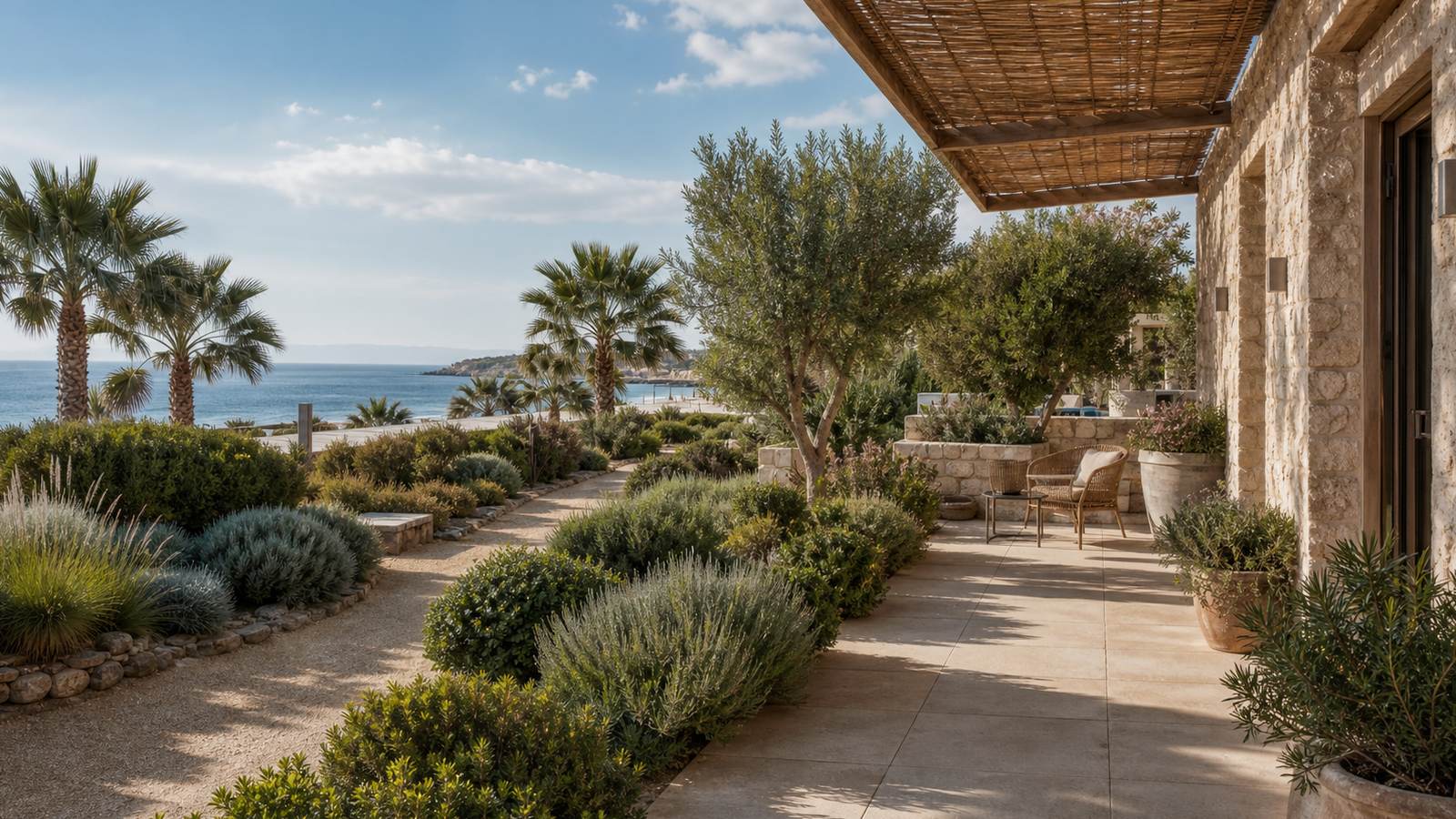KI-generiertes Mallorca-Stimmungsbild eines mediterranen Hotel-Außenbereichs für den Hotelcheck des SANTUARI DE S´OLIVAR in Estellencs