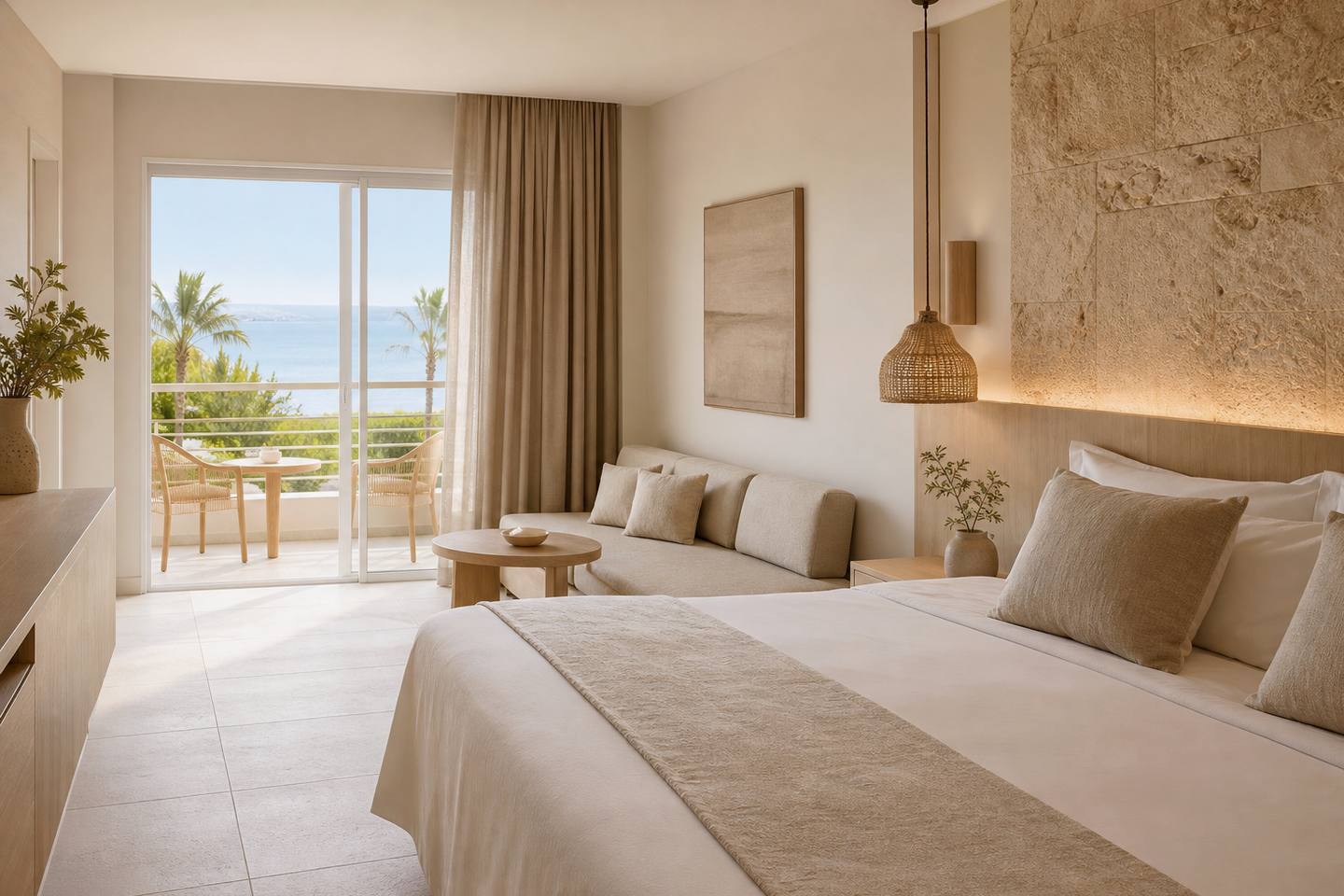 KI-generiertes redaktionelles Stimmungsbild eines mediterranen Hotelzimmers für den Hotelcheck des SANTUARI DE S´OLIVAR in Estellencs