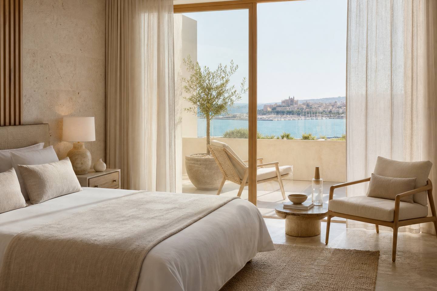 KI-generiertes redaktionelles Stimmungsbild eines mediterranen Hotelzimmers für den Hotelcheck des Sarena de Muro Resort Mallorca in Platja De Muro